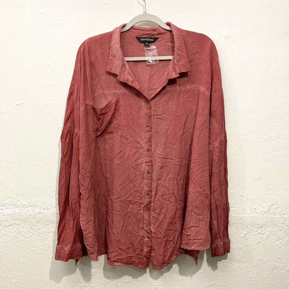 NWOT Davi & Dani Button Up Shirt Top Pocket Oversized Pre Washed Pink 3XL